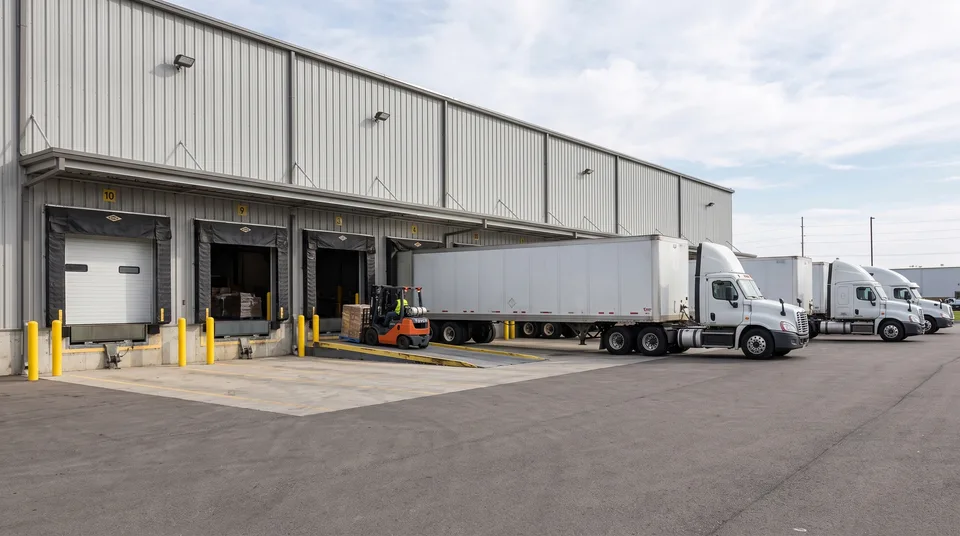 Trailer backed into a numbered dock door while a forklift brings a pallet down the dock ramp