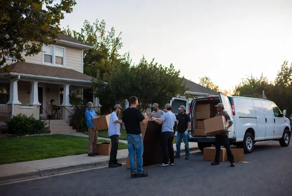 Professional movers loading furniture onto a truck in Montreal during winter