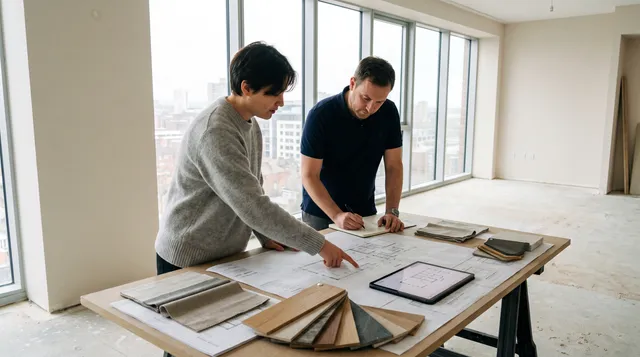 Designer and project lead reviewing floor plans and finish samples in an unfinished interior
