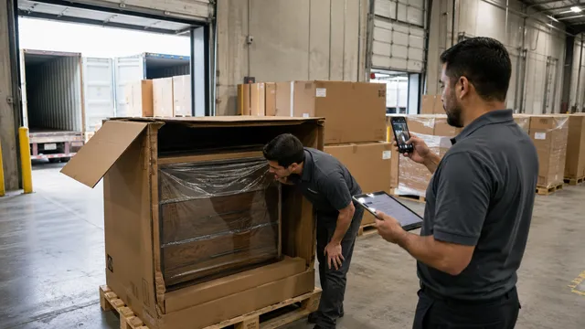 Warehouse team opening a crate to inspect wrapped furniture while a colleague photographs the contents