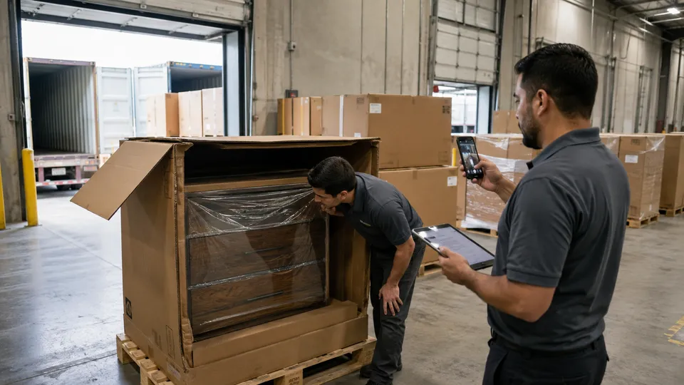 Warehouse team opening a crate to inspect wrapped furniture while a colleague photographs the contents