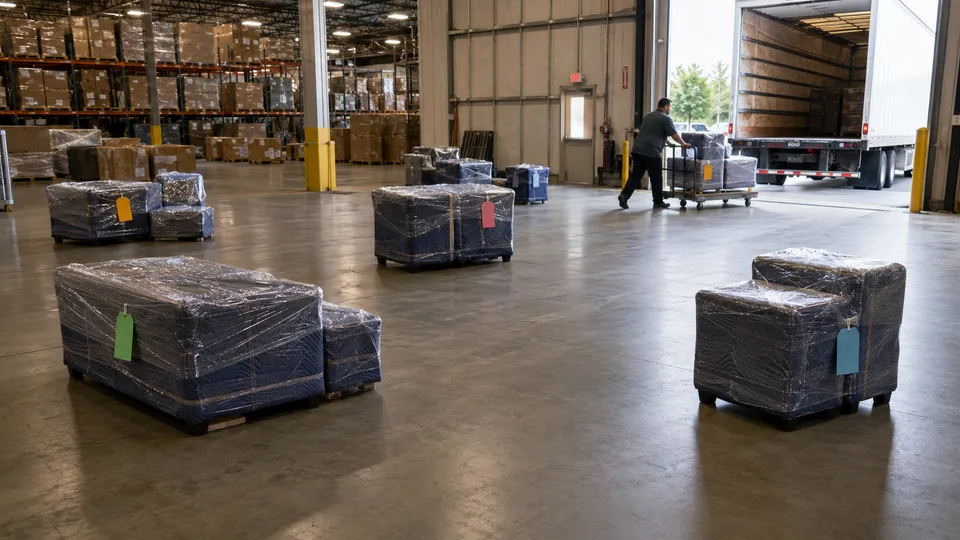 Wrapped seating on dollies with coloured allocation tags staged for a delivery run to a waiting trailer