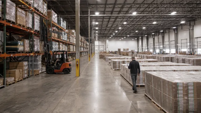 Warehouse operator with a tablet walking past shrink-wrapped project pallets beside loaded racking