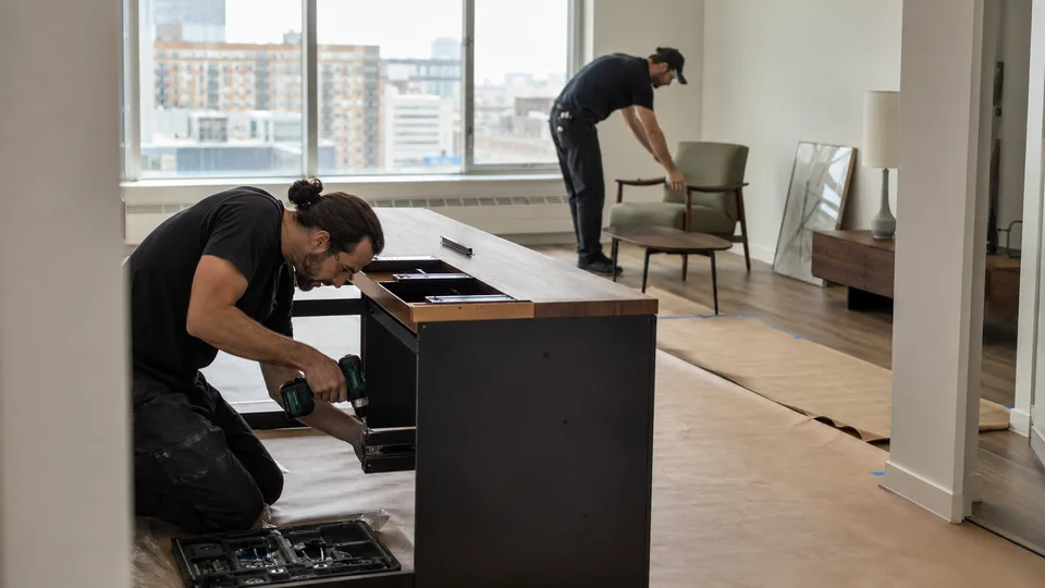 Installer driving a drawer slide into a walnut credenza while a colleague places an armchair in a Montreal condo