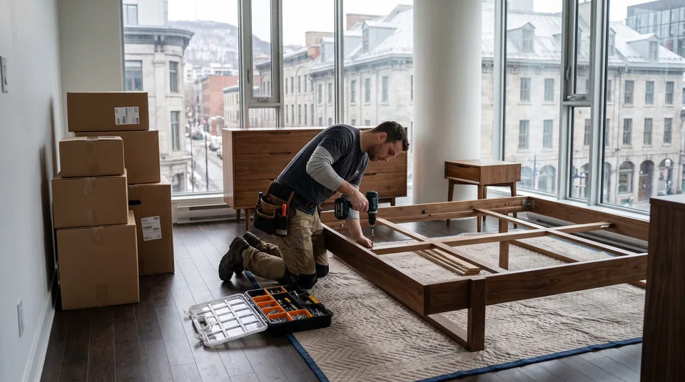 Installer assembling a walnut bed frame on a moving blanket beside a placed dresser and nightstand