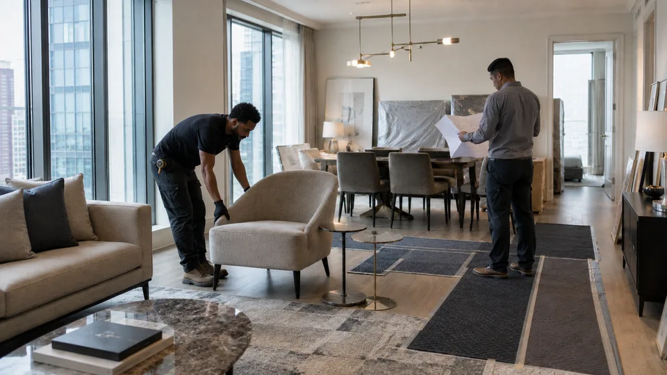 Installer positioning an accent chair while a colleague checks floor plans in a high-rise model suite