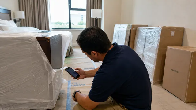 Installer photographing damage on a wrapped casegood in a guest room before it is installed