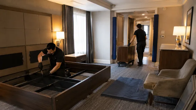 Installer dismantling a bed frame in a hotel guest room while a colleague carts a nightstand out