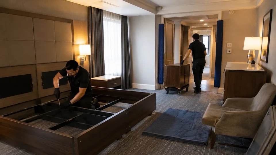 Installer dismantling a bed frame in a hotel guest room while a colleague carts a nightstand out