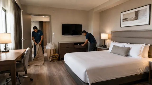 Installation crew laying floor protection and fitting casegoods in a finished hotel guest room