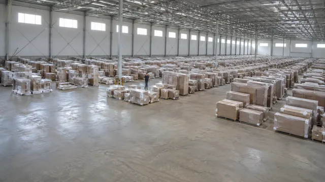 Rows of wrapped hotel furniture palletized across a large open warehouse floor