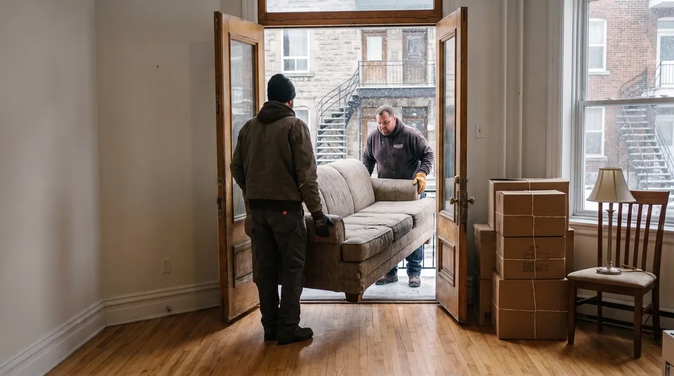 Two movers carrying an old sofa out through the front doors of a Montreal apartment in winter