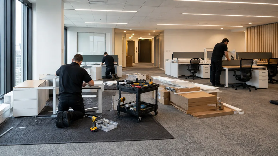 Installers building height-adjustable desks and pedestals over floor protection on an office floor