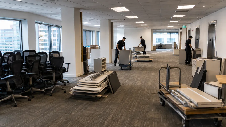 Crew carting task chairs and stacked worksurfaces out of a cleared office floor toward the elevators