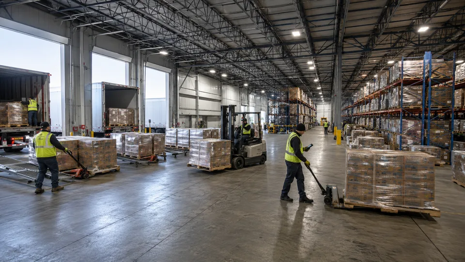 Pallet jacks and a forklift working staged freight between open dock doors and loaded pallet racking