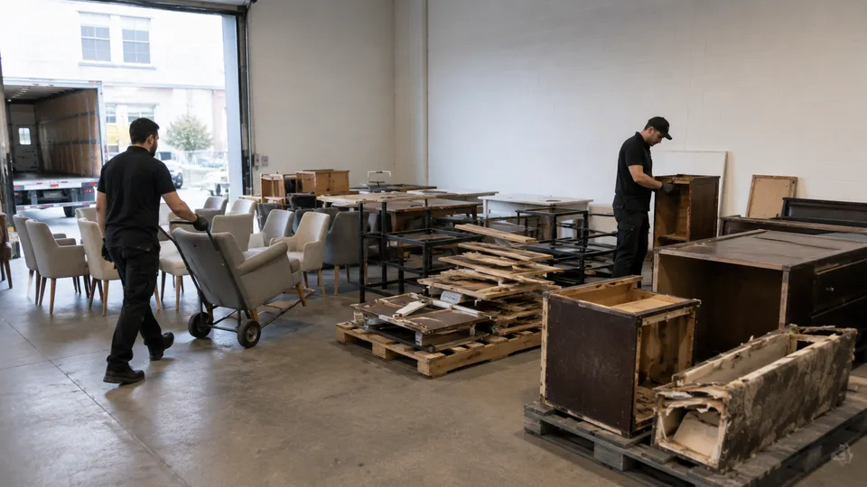 Crew moving seating and casegoods across a warehouse staging area beside an open loading door