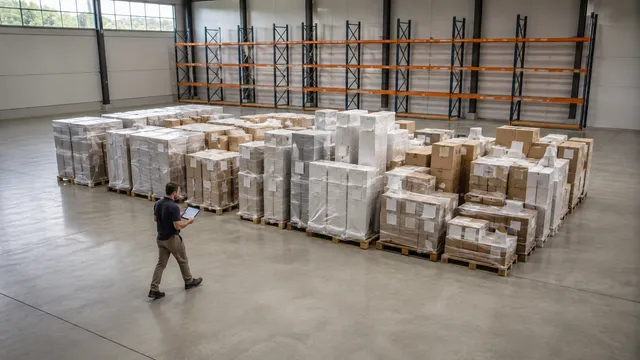 A single project inventory held as one contiguous block on an otherwise empty warehouse floor