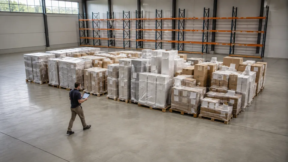 A single project inventory held as one contiguous block on an otherwise empty warehouse floor