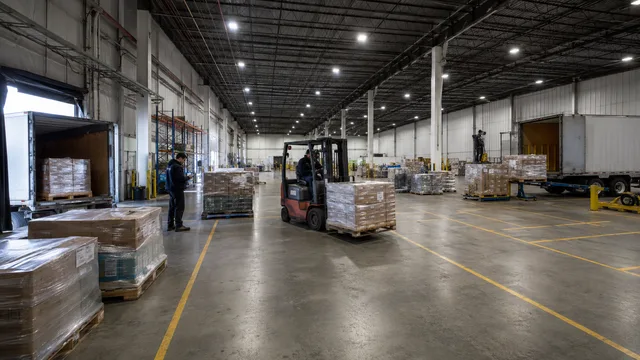 Forklift moving a pallet between an inbound trailer and an outbound trailer across a cross-dock floor