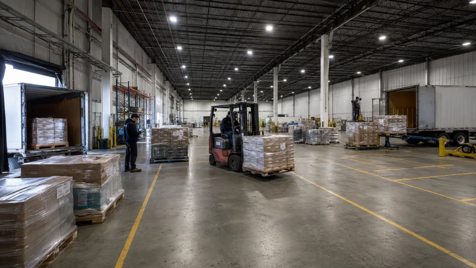 Forklift moving a pallet between an inbound trailer and an outbound trailer across a cross-dock floor