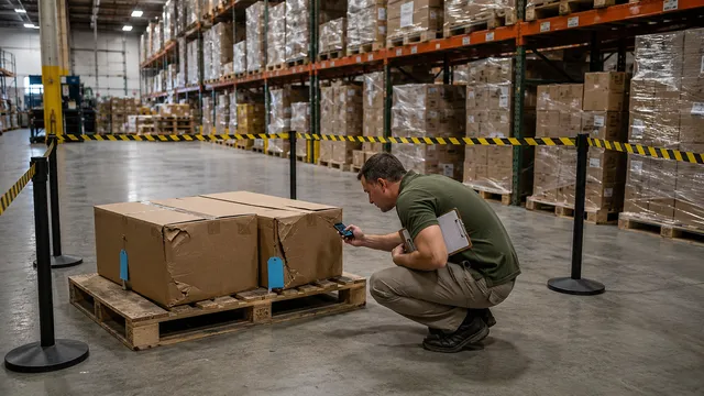 Inspector recording a flagged pallet inside a cordoned-off exception hold area in a warehouse