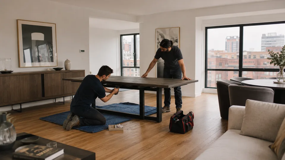 Two installers levelling a dining table over a protective blanket in a furnished condo, tool bag open beside them
