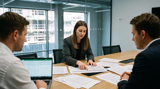Project team comparing printed logistics proposals across a boardroom table