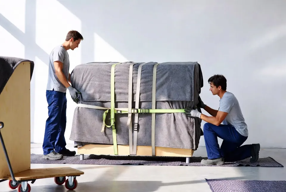 Mover checking pricing sheet beside a truck in Winnipeg