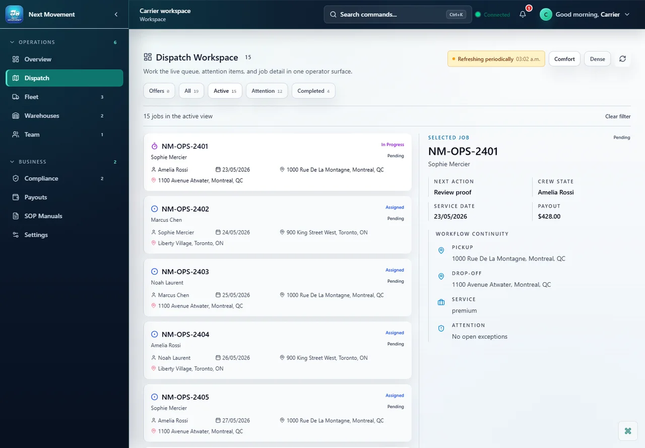 Next Movement carrier dispatch portal showing active assigned jobs and carrier actions