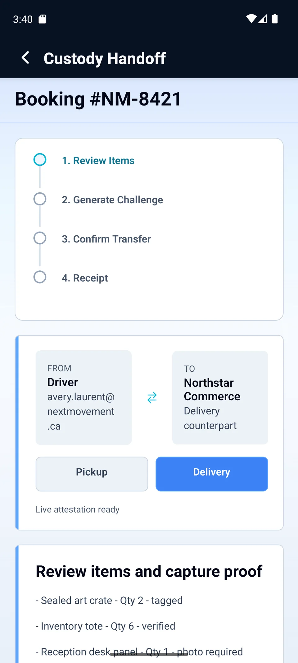 Next Movement native driver app showing custody handoff confirmation