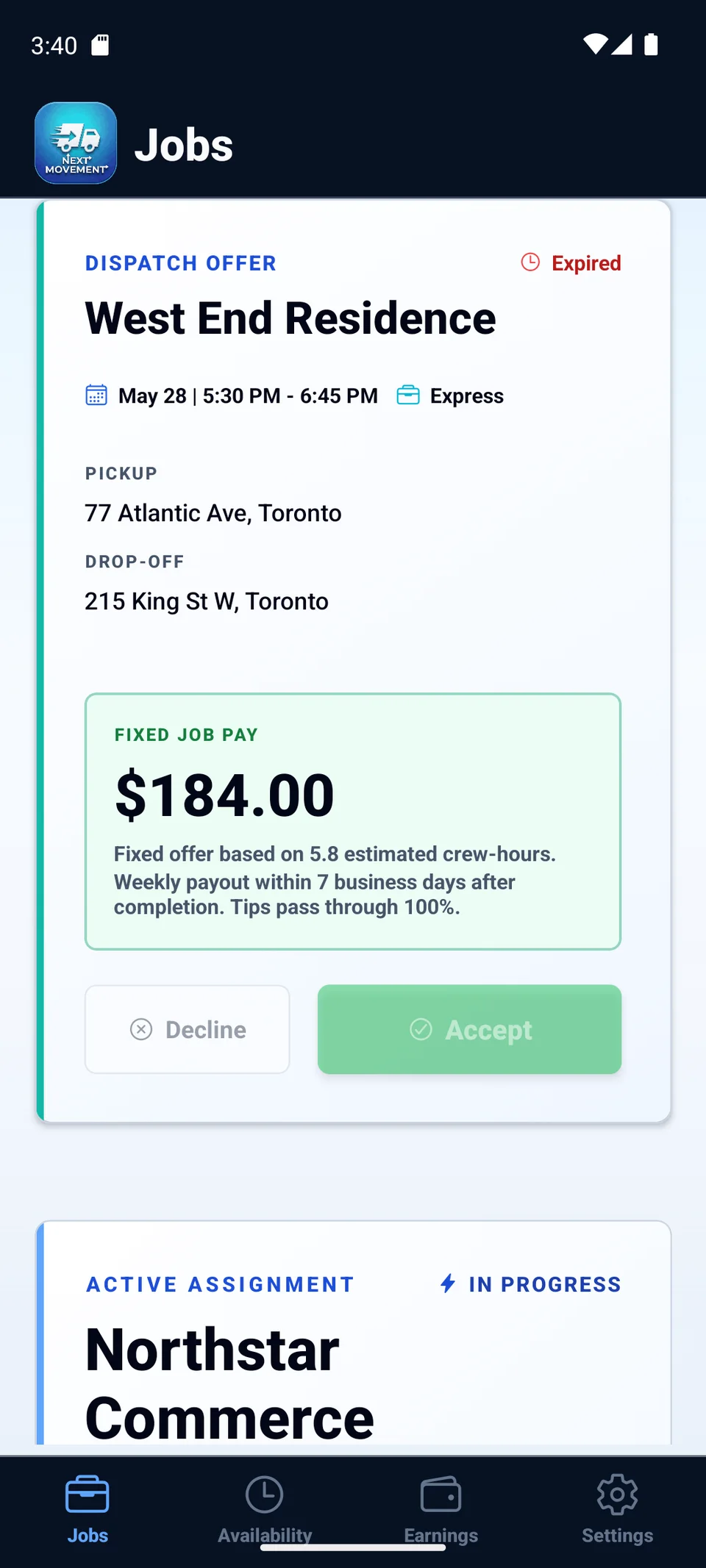 Next Movement native driver app showing crew jobs and live assignment status