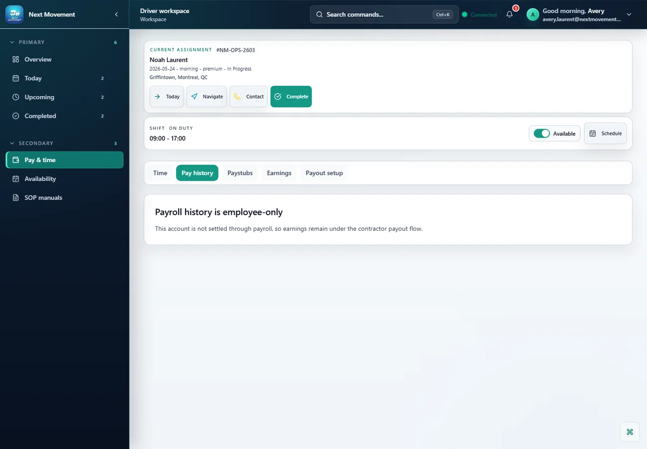 Next Movement driver portal pay screen showing payment status and history
