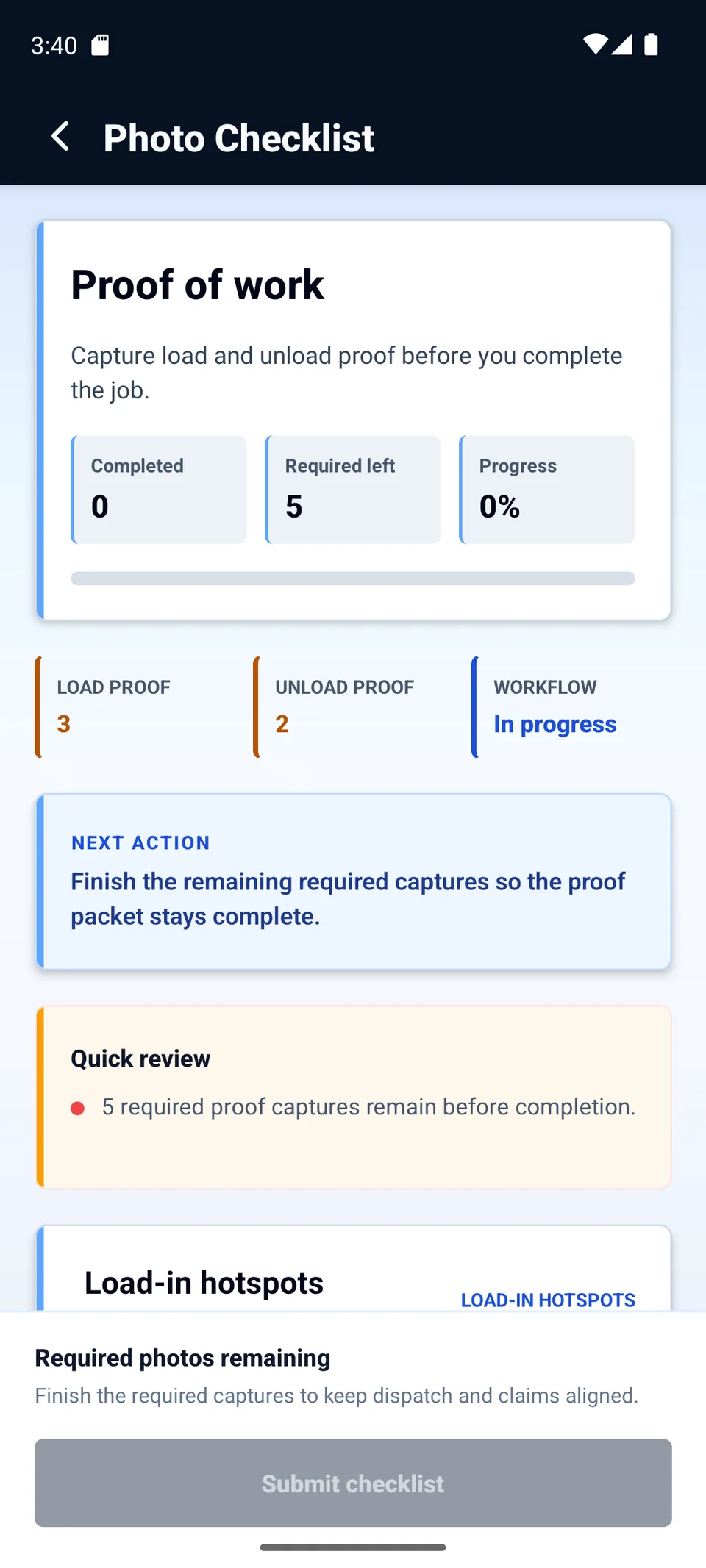 Next Movement native driver app showing photo proof checklist capture
