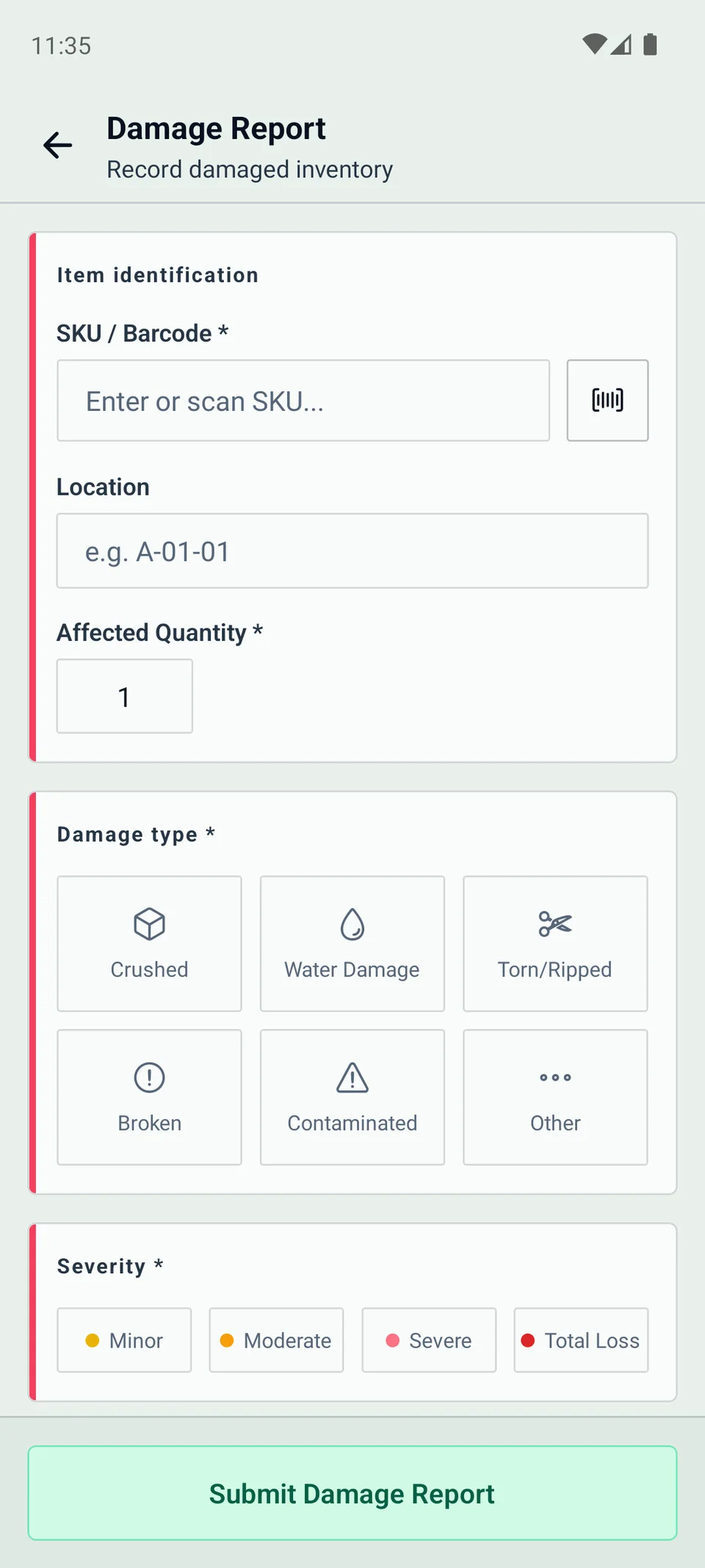 WarePulse mobile app damage report workflow with notes and photo evidence