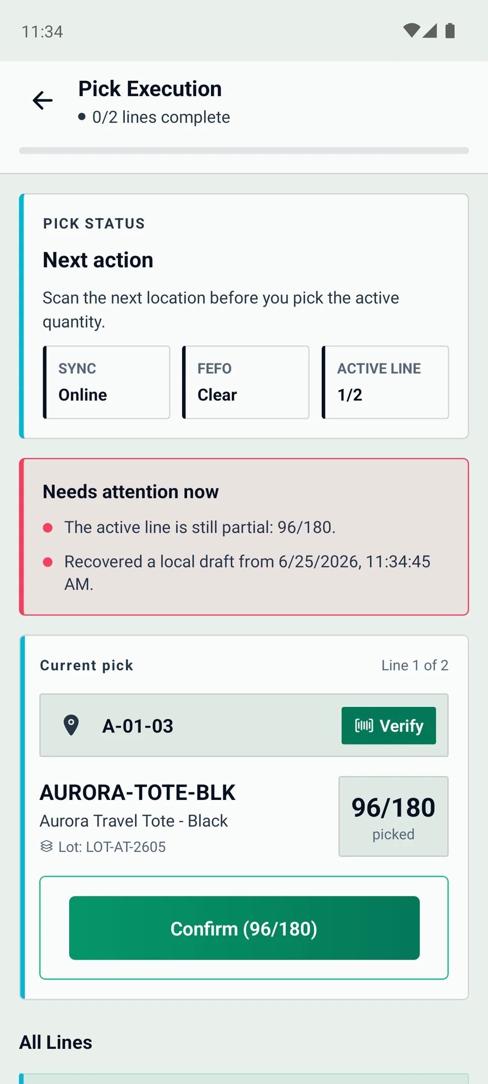 WarePulse mobile app pick execution screen with active line progress
