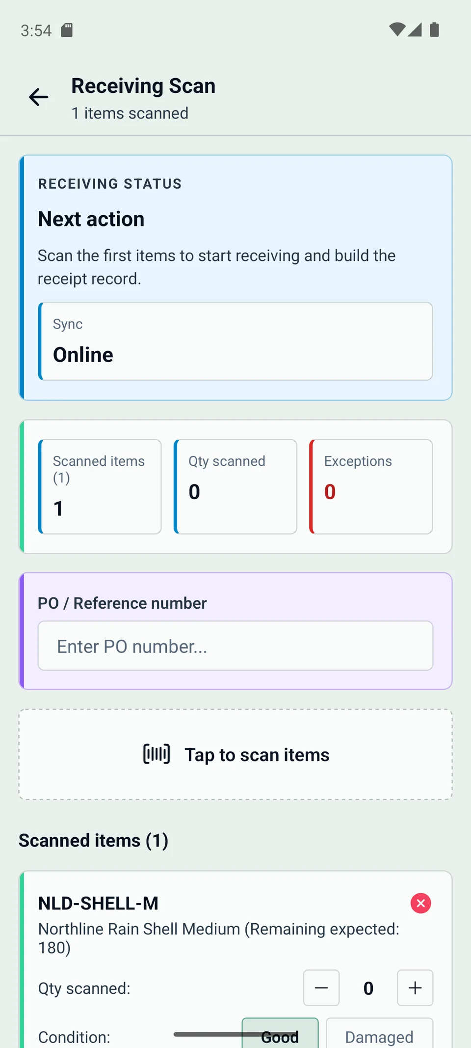 WarePulse mobile app receiving scan screen for inbound cartons