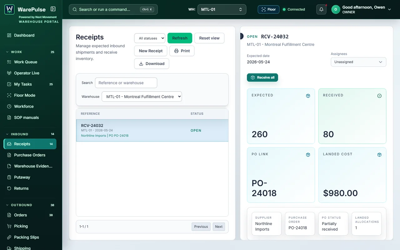 WarePulse receipts screen with inbound purchase orders and dock activity
