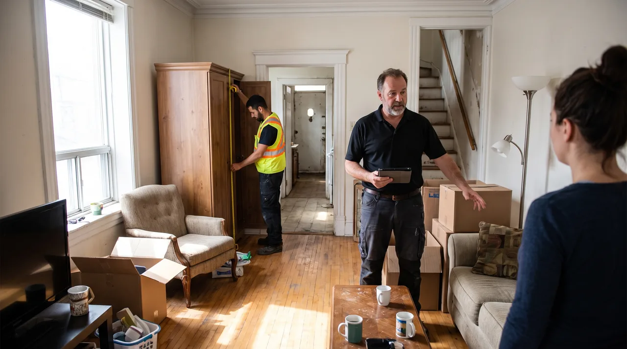 Mover recording inventory on a tablet while a colleague measures furniture during an in-home moving estimate