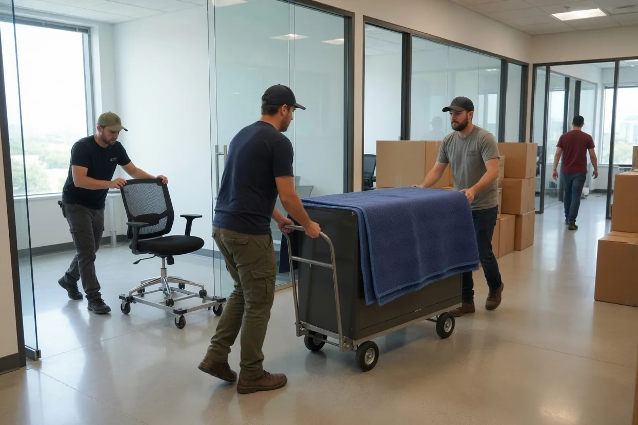 Commercial moving team setting up workstations in a Canadian office tower