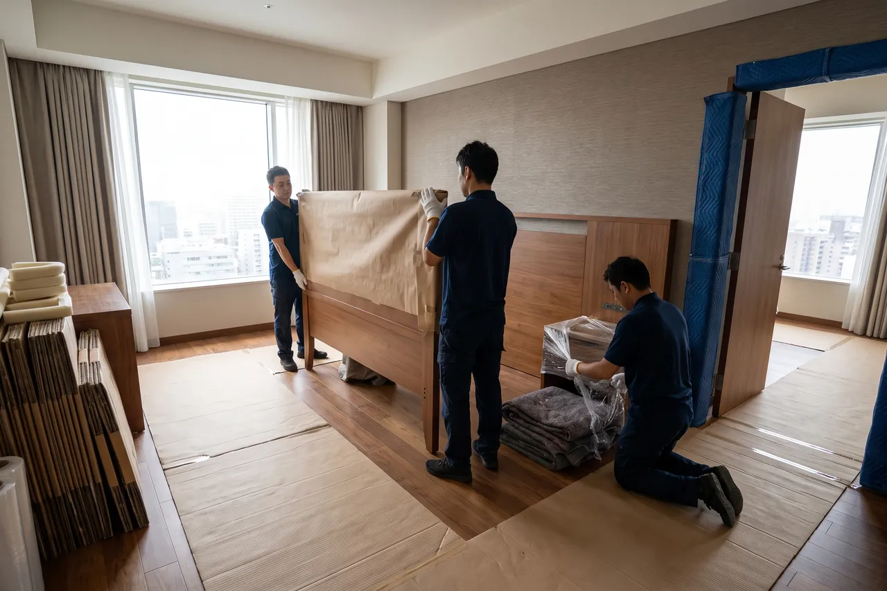 Next Movement crew unwrapping a headboard in a hotel guest room over floor protection during an FF&E installation