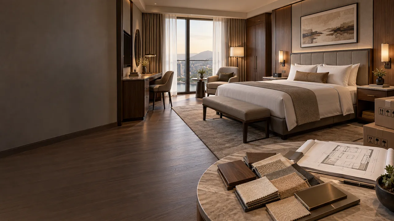 Furnished hotel guest room with an upholstered headboard, luggage bench, desk and wall sconces, with wood, fabric and metal finish samples laid out beside a floor-plan set in the foreground