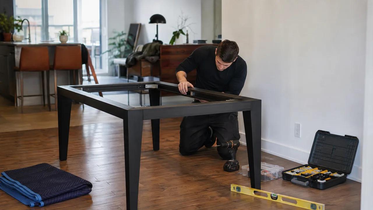 Installer assembling a dining table frame on a hardwood floor beside a moving blanket and tool case