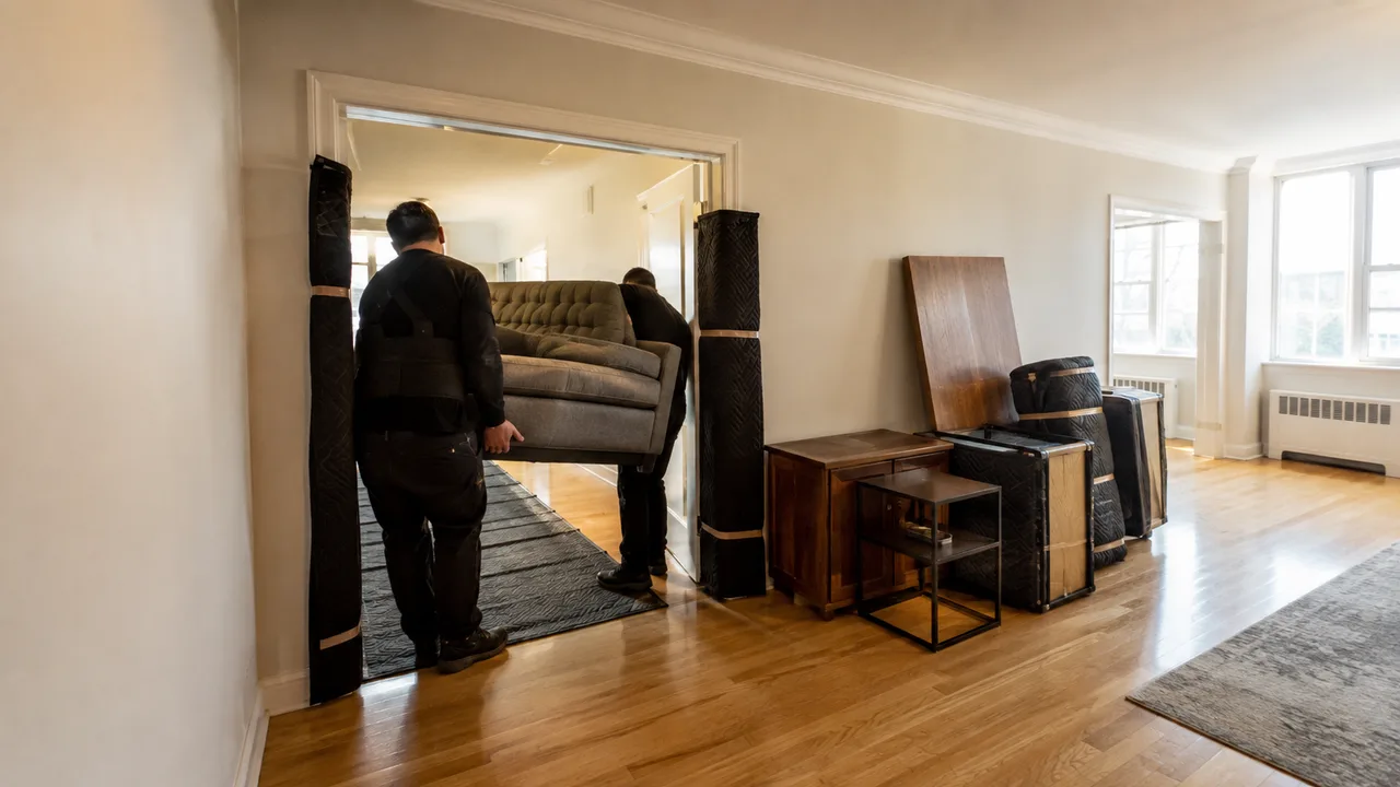 Movers carrying a sofa through a padded doorway past wrapped furniture staged for removal