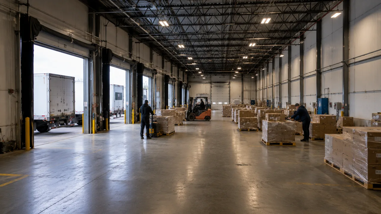 Pallet jack and forklift moving freight between open dock doors and staged pallets inside a warehouse